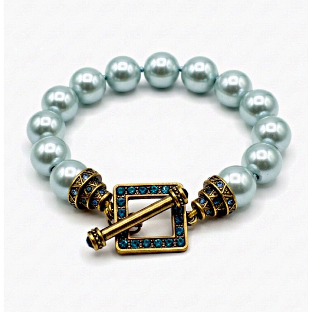 Heidi Daus Signed Blue Pearl Teal Swarovski Crystal Toggle Bracelet M/L